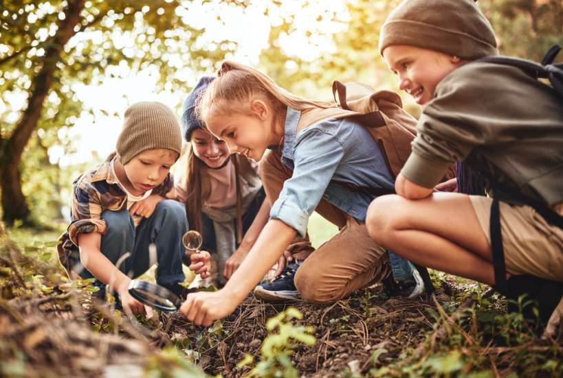  A group of kids using a magnifying glass to look at interesting bugs in the for